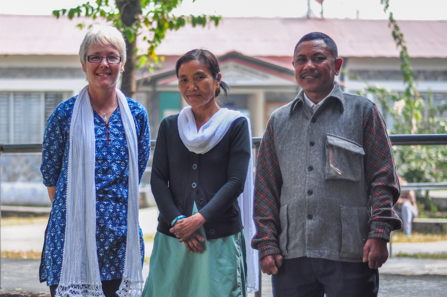 Jeanie Herbert, BMS Regional Team Leader for East Asia, poses for a picture with Seeta and Tham at Green Pastures Hospital. Both of them are BMS supported partner workers.