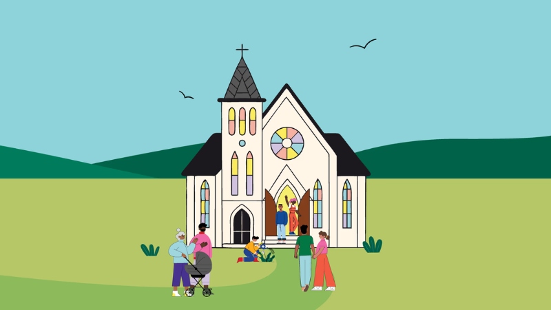 The Quiet Revival - a graphic of a church in a green field with people of different ethnicities entering