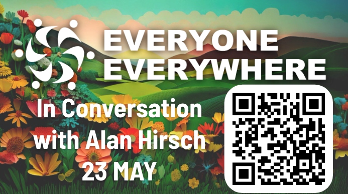 Everyone Everywhere slide, which states "In conversation with Alan Hirsch" and has a QR code