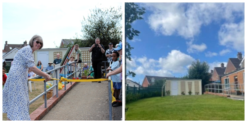 Collage of two photos with one showing Longfleet Baptist Church's community garden, and the other showing Lynn Green cutting the ribbon to officially open the garden