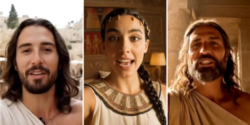 3 images from Tik Tok Christian videos showing AI generated versions of Jesus, Potiphar and Moses  