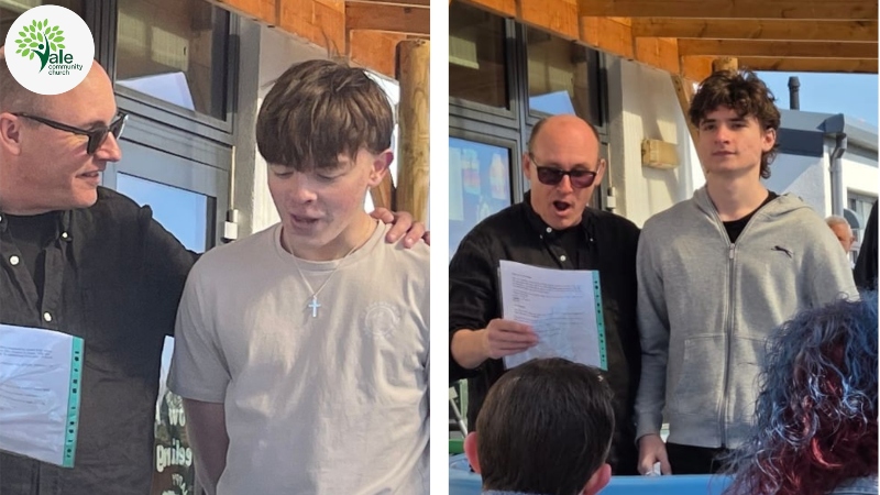 Collage of 2 photos showing 2 baptisms of young men at Vale Community Church