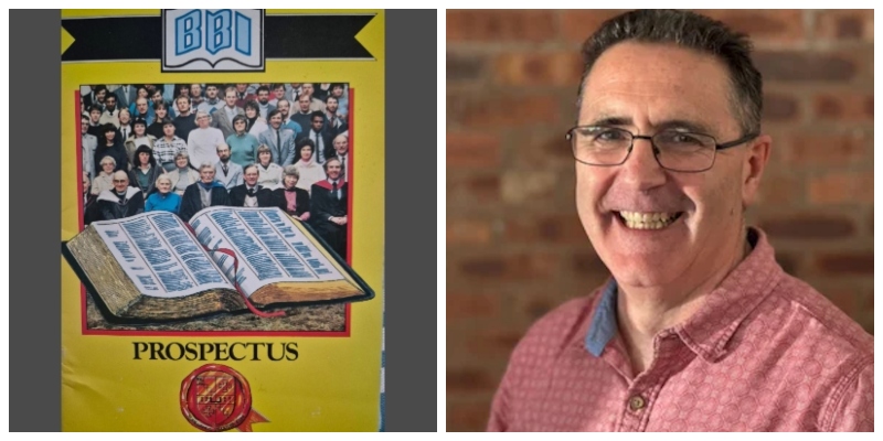 Collage showing the Birmingham Bible Institute prospectus cover from 1985, and a smiling Andy Glover now