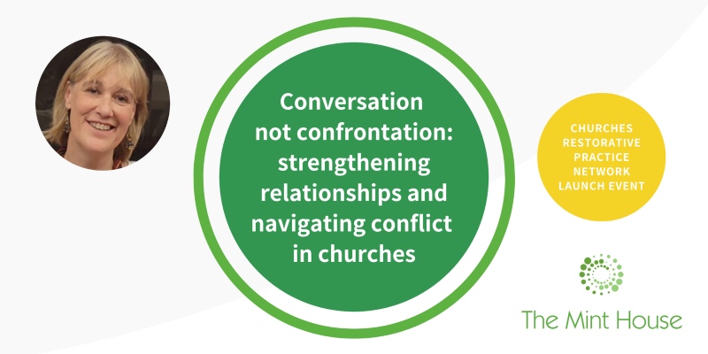 Churches Restorative Practice Network launch banner, featuring a small photo of speaker Jo Williams