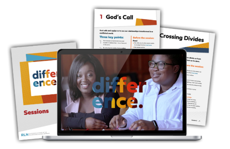 Collage of sliders from the Difference course, the main one showing 2 people engaged in warm conversation