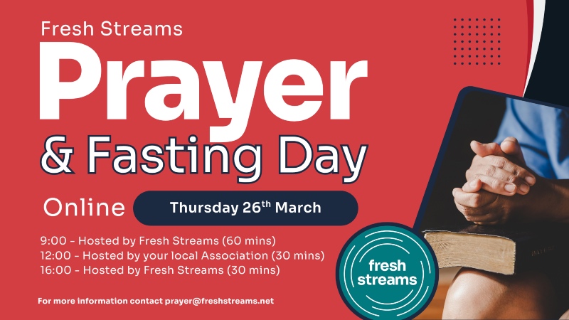Fresh Streams Prayer and Fasting flyer, containing key information about the day, set against a red background and small photo of praying hands