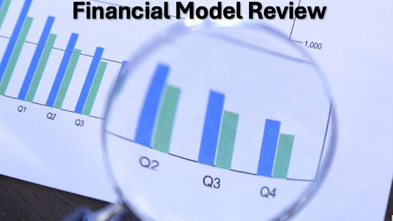 Close-up of bar graph under a magnifying glass, labeled 'Financial Model Review.' Shows quarterly data, highlighting Q2, Q3, and Q4 comparisons.