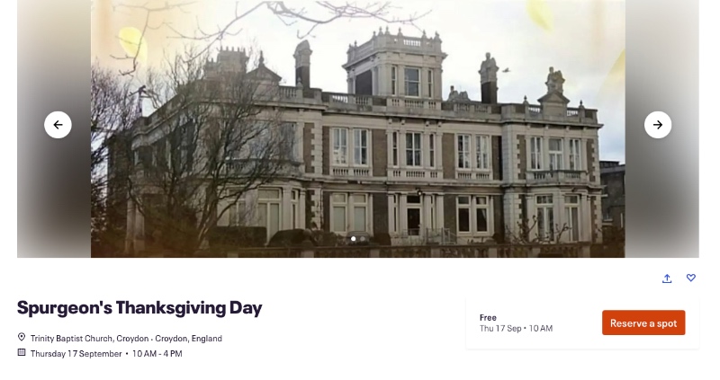 Spurgeon's Thanksgiving Day a screenshot of the Eventbrite page showing a picture of the college building and some details of the Thanksgiving day on 17 September