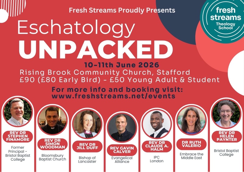 Red banner for "Eschatology Unpacked" by Fresh Streams, June 2026. Features speaker portraits with names and titles, event details, and booking link.