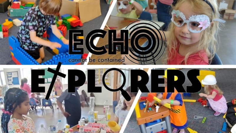 Children engage in creative play activities with building blocks and costumes. The words "Echo Explorers" overlay the images