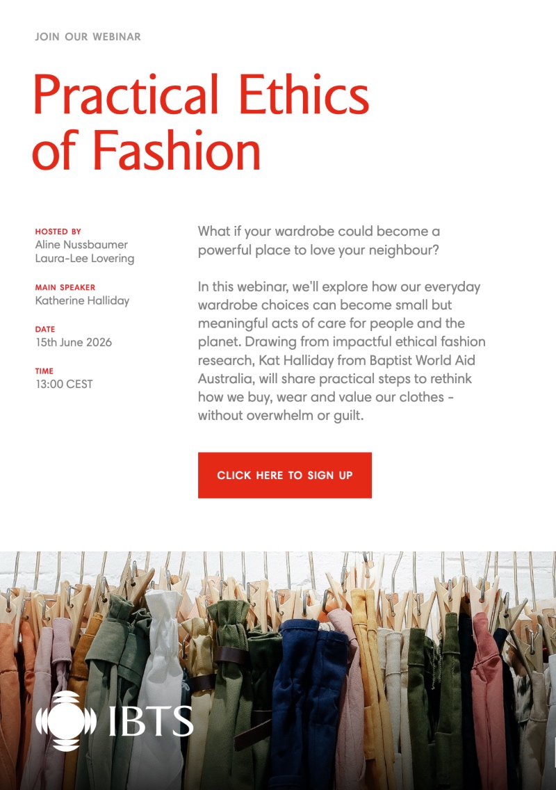 Promotional image for a webinar titled "Practical Ethics of Fashion" with event details. A row of colourful clothes is visible at the bottom.