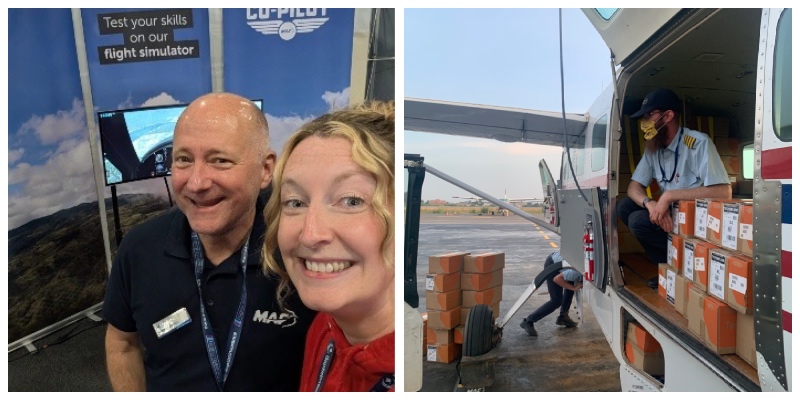 Left image: Two people smiling at a flight simulator expo. Right image: A pilot sits in a small plane loaded with boxes, while another person loads more outside.