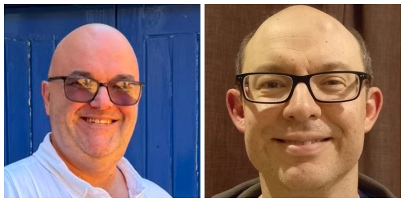 A side-by-side split image showing headshots of two smiling men wearing glasses